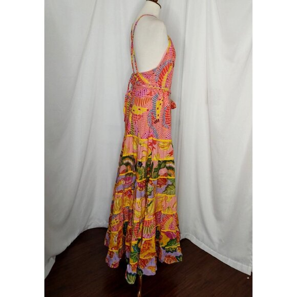 FARM Rio Maxi Dress XL Mixed Prints Floral Tiered Strappy Halter Pink - Picture 8 of 16